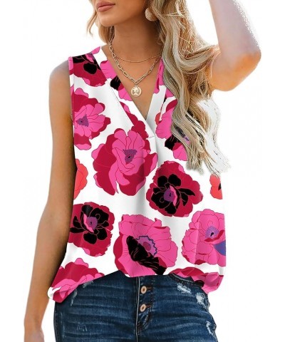 Women's V Neck Chiffon Tank Top Sleeveless Work Office Pleated Blouses Tops 02c-hot Pink Flower $10.59 Tanks