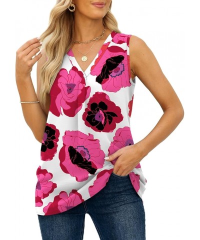 Women's V Neck Chiffon Tank Top Sleeveless Work Office Pleated Blouses Tops 02c-hot Pink Flower $10.59 Tanks