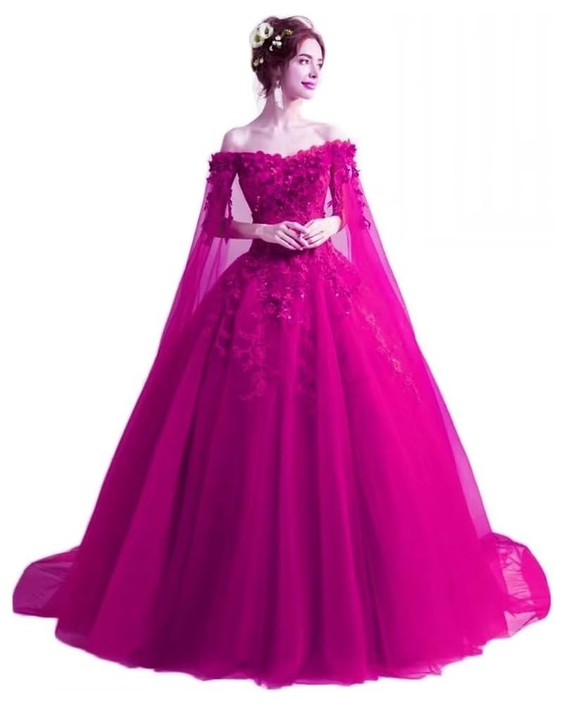 Women's Off Shoulder Quinceanera Dresses 15 16 Sweet Lace Ball Gown Wedding Dresses with Cape Fuchsia $35.70 Dresses