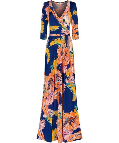 Women's MadeInUSA 3/4 Sleeve V-Neck Printed Maxi Wrap Dress Royal Blue3 $35.72 Dresses